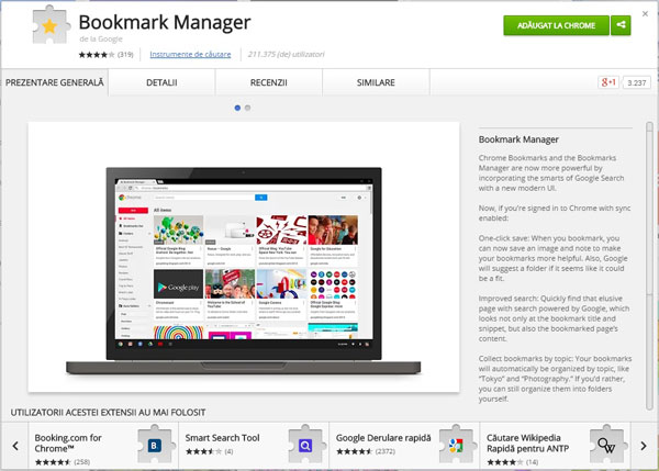 Marcaje vizuale de la Google - extensia oficiala Bookmark Manager