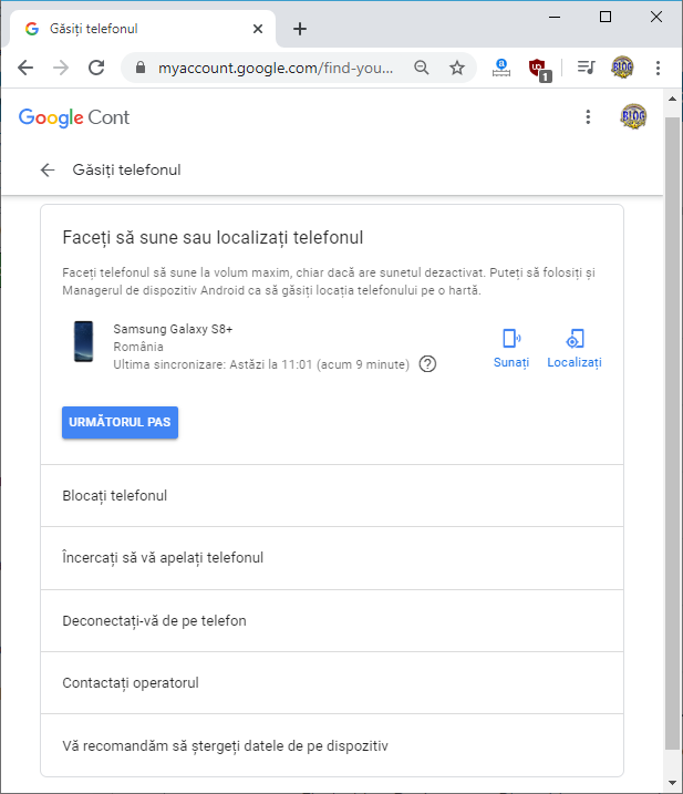 Actiuni disponibile pentru cautarea telefonului in Google