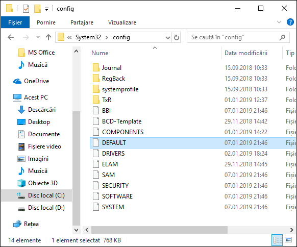 Folderul cu fisiere registrului Windows