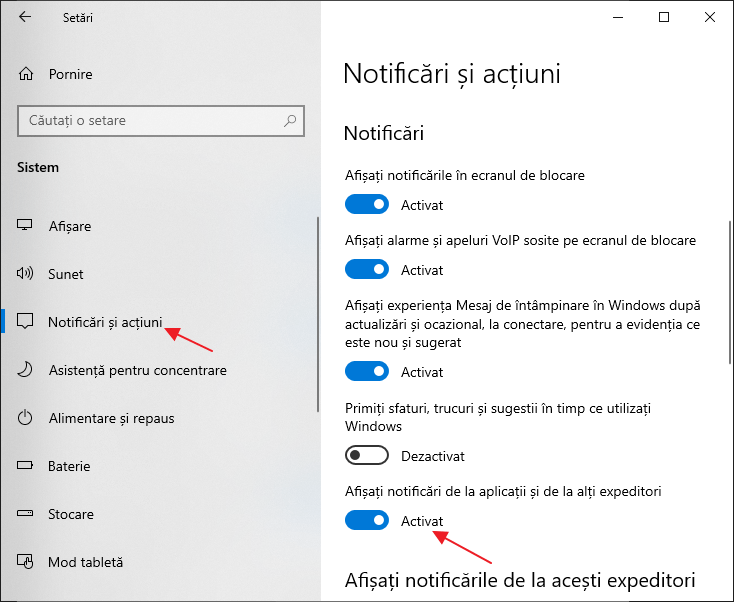 Cum se dezactiveaza notificarile Windows 10 in setari