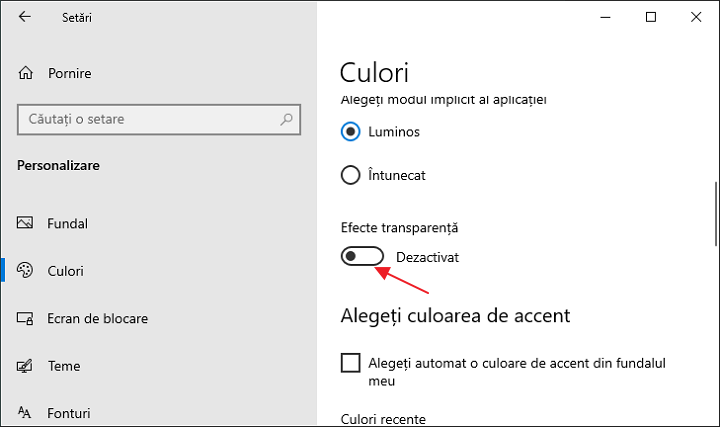 Dezactiveaza efecte de transparenta in Windows 10
