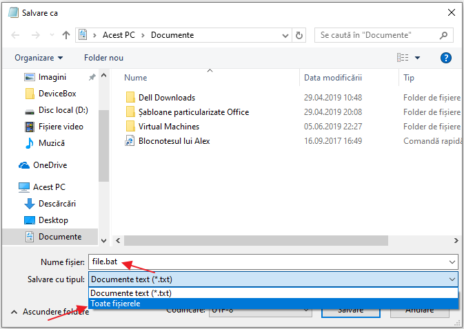 Salvarea fisierului bat in notepad