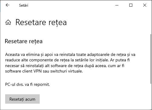 Confirma resetarea retelei in Windows 10