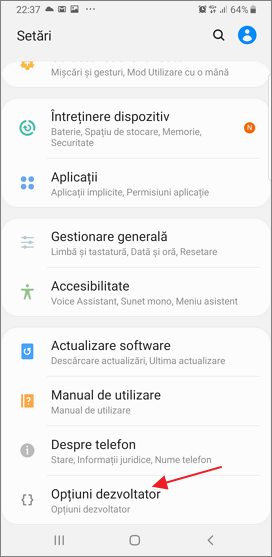 Deschide optiuni dezvoltator Android