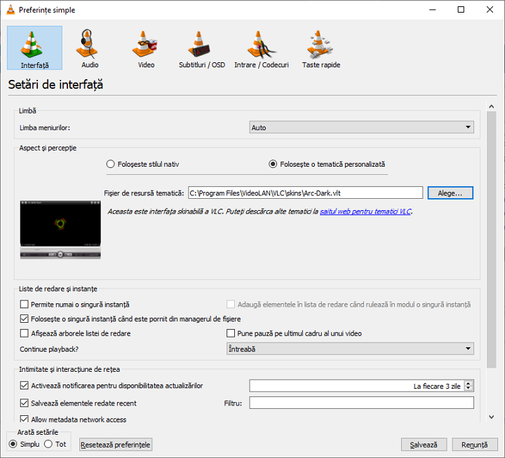 Activarea aspectului personalizat VLC