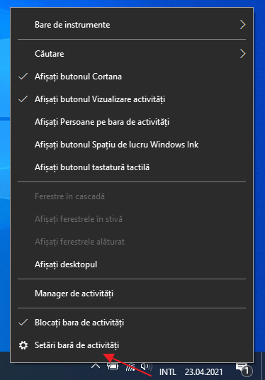 Deschide setarile barei de activitati Windows 10