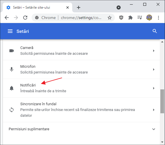 Configurarea notificarilor site-urilor in Google Chrome