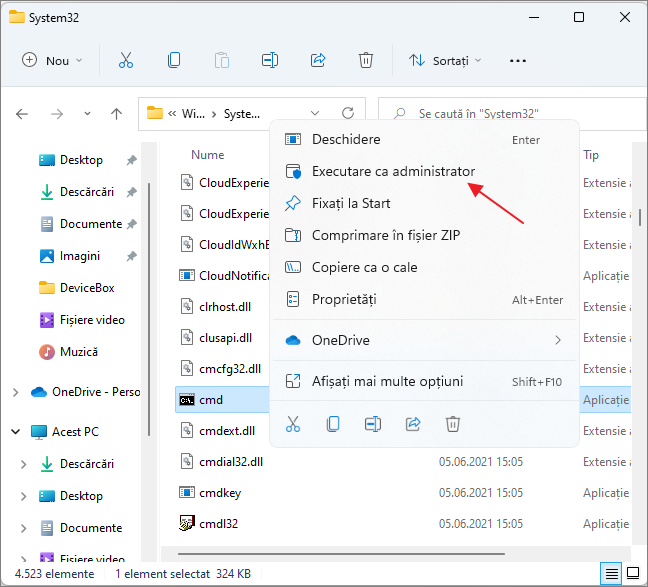 Porneste cmd.exe din folderul System32 in Windows 11