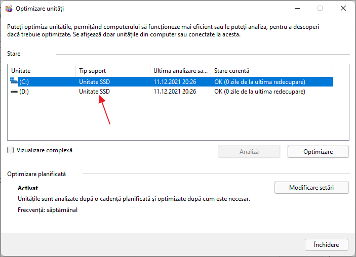 Tipul discului in fereastra optimizare utitati Windows 10 si Windows 11