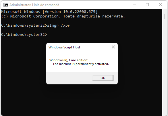 Verifica activarea Windows 11 in linia de comanda