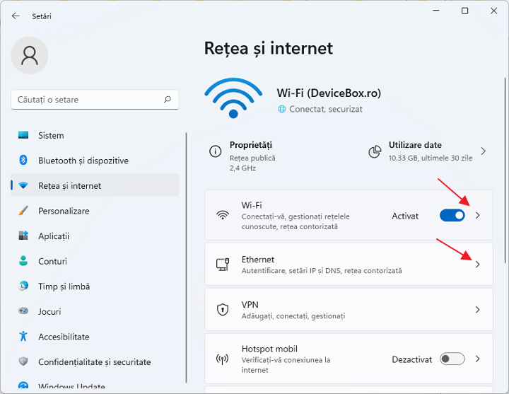 Setari Wi-Fi si Ethernet in Windows 11