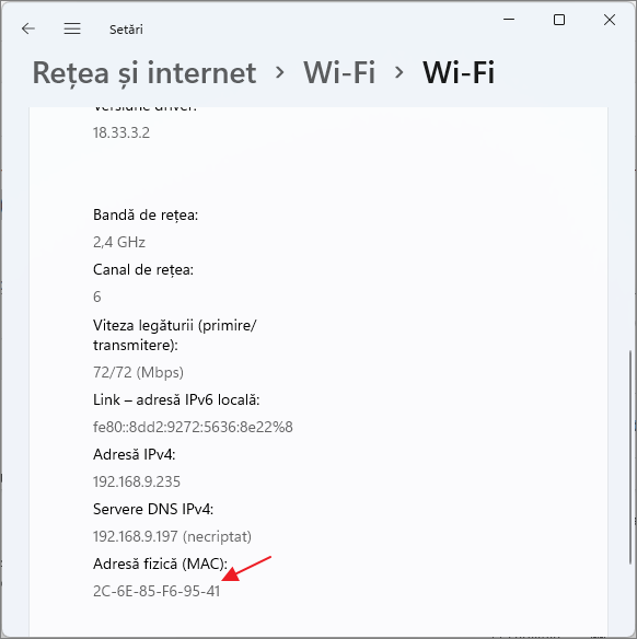 Adresa MAC adaptorului Wi-Fi in setarile Windows 11
