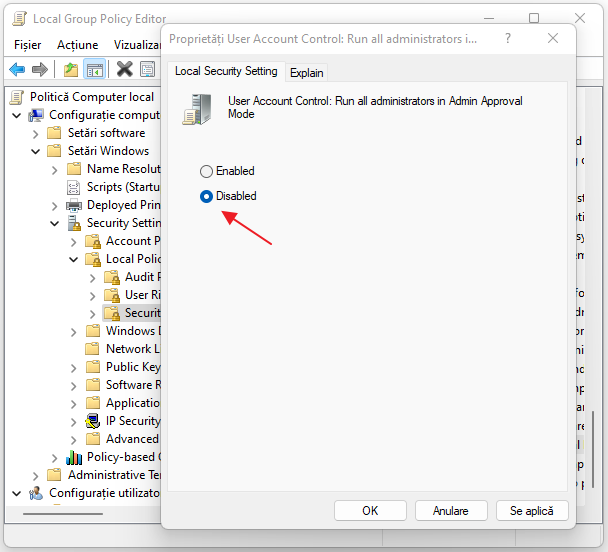 Dezactiveaza Control cont utilizator Windows 11 in gpedit.msc