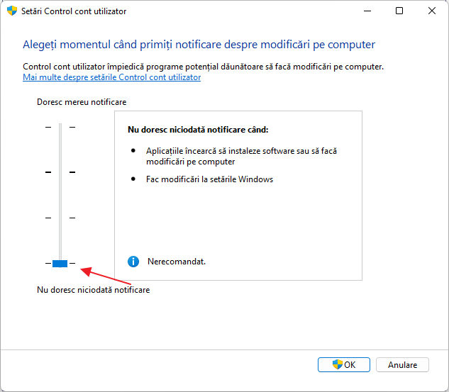 Dezactiveaza UAC Windows 11 in setari Control cont utilizator