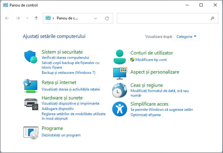 Interfata panoului de control Windows 11