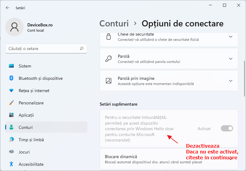 Dezactiveaza conectarea Windows Hello pentru conturile Microsoft