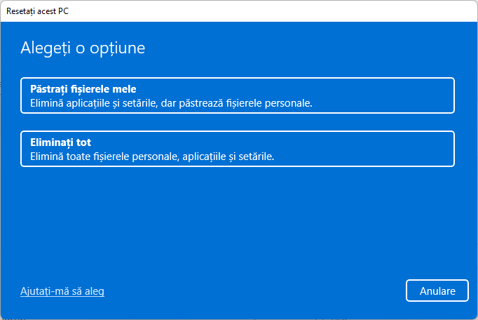 Porneste resetarea Windows 11 la setarile din fabrica