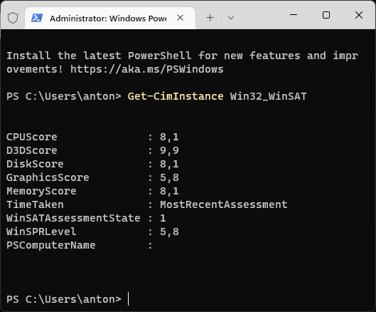 Indicele de performanta Windows 11 in PowerShell
