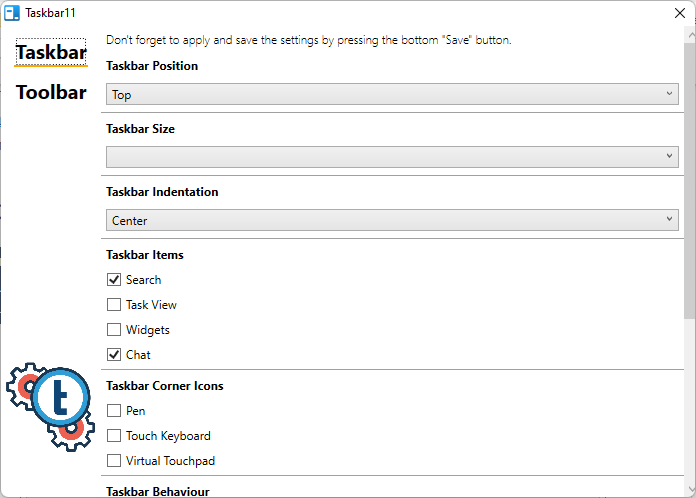 Setari disponibile in Taskbar11
