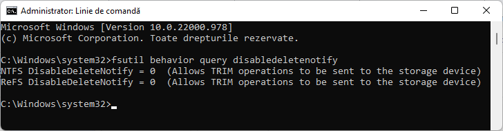 Comanda TRIM activata in Windows 11