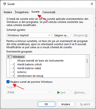 Dezactiveaza sunetul de pornire in Windows 11