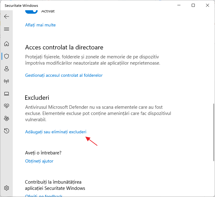Adauga sau elimina excluderi in Microsoft Defender