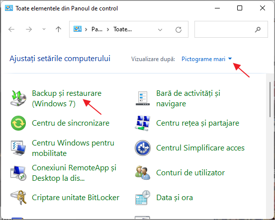 Backup si restaurare in panou de control Windows 11