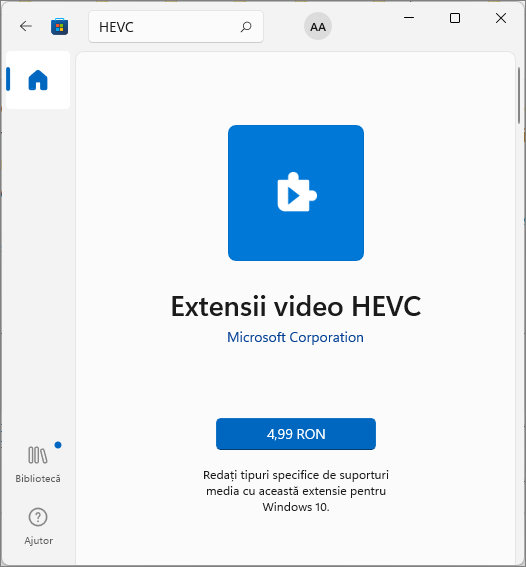 Cumpara codec HEVC din Microsoft Store