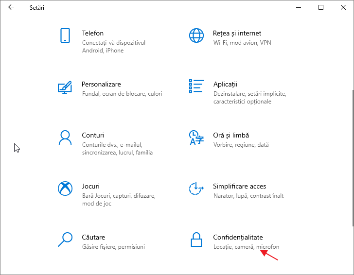 Deschide setarile de confidentialitate Windows 10
