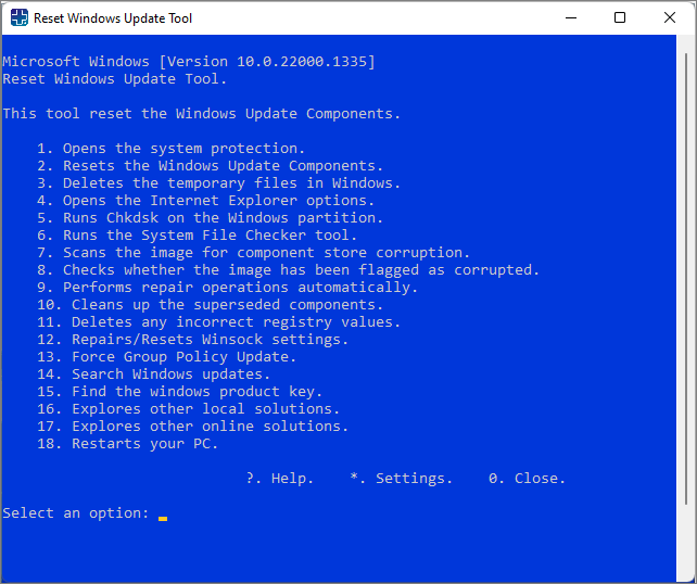 Actiuni disponibile in Reset Windows Update Tool