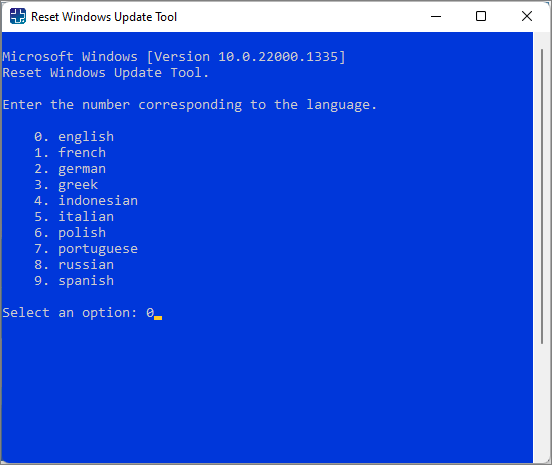 Alege limba in Reset Windows Update Tool