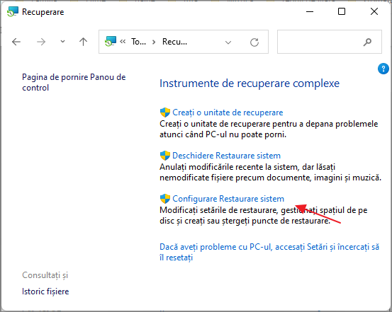 Configurarea recuperarii sistemului Windows 11