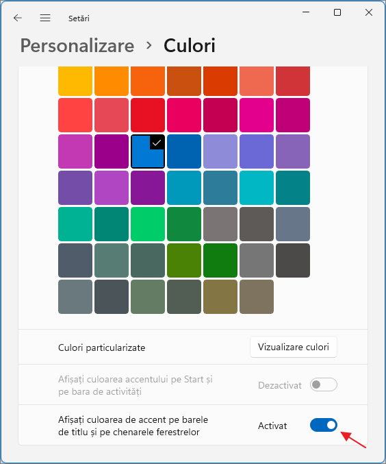Aplica culoarea la barele de titlu Windows 11