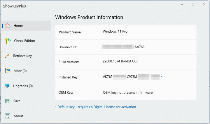 Cheia Windows 11 instalat si cheia OEM in ShowKeyPlus
