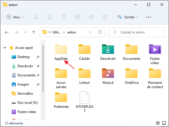 Folderul ascuns AppData pe discul C in folderul Users