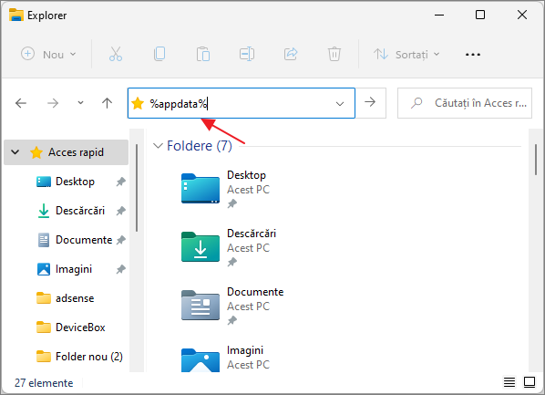 Acces rapid la folderul AppData din Explorer