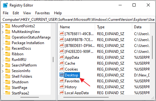 Locatia folderului desktop in Registry Editor Windows
