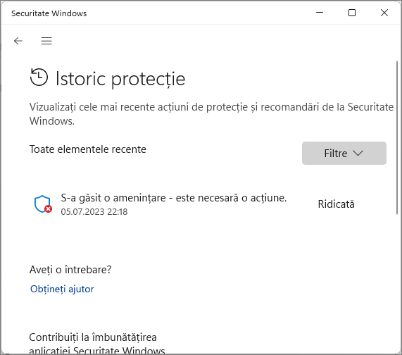 Jurnalul antivirusului Microsoft Defender