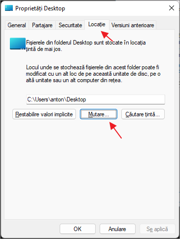 Muta folderul desktop in Windows