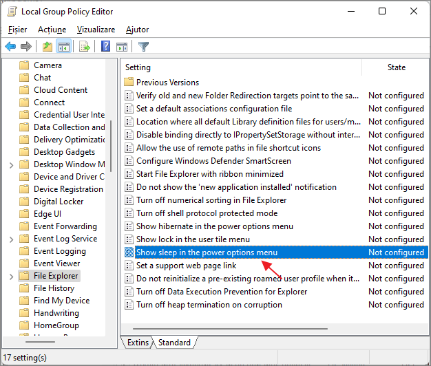 Afiseaza modul repaus – Local Group Policy Editor