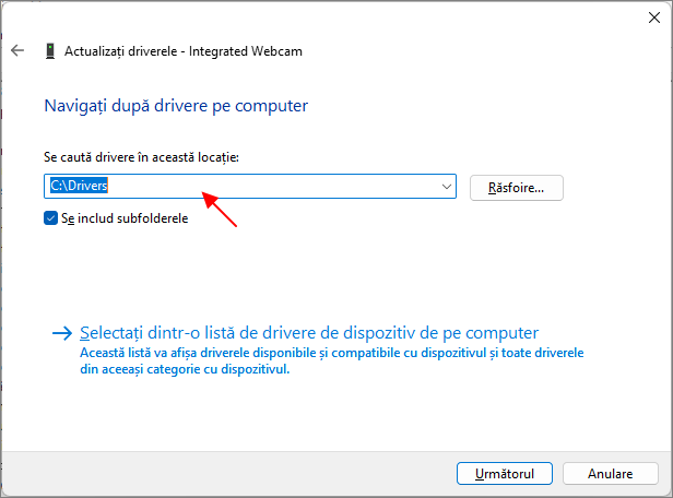 Instalarea driverelor din folderul cu copia de rezerva