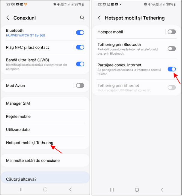 Setari pentru hotspot mobil pe Android