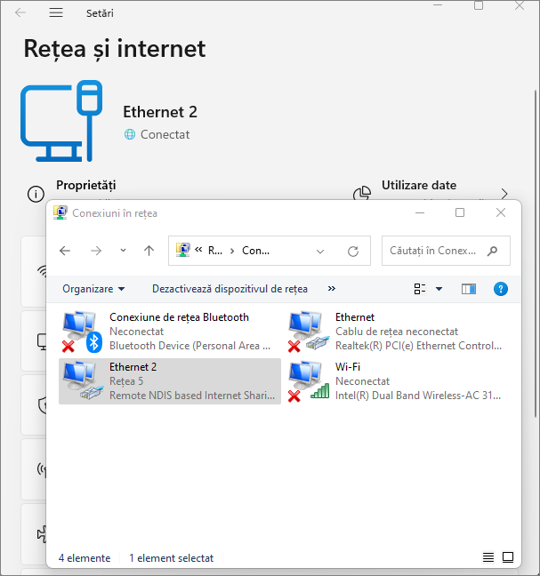 Conexiunea prin telefon Android se afiseaza ca Ethernet