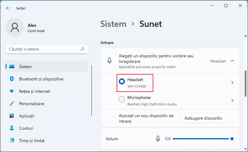 Configurarea micofonului pe castile Bluetooth in Windows 11