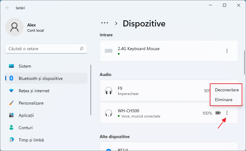 Deconectarae si eliminarea castilor Bluetooth in Windows 11