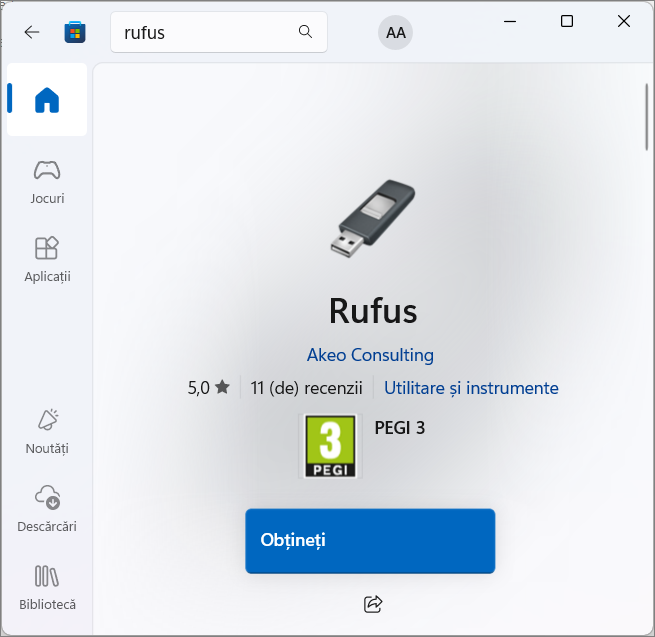 Descarcarea Rufus din Microsoft Store