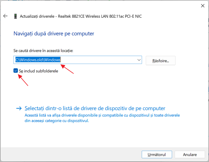 Cauta drivere in folderul Windows.old