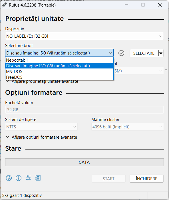 Alege metoda de bootare in Rufus