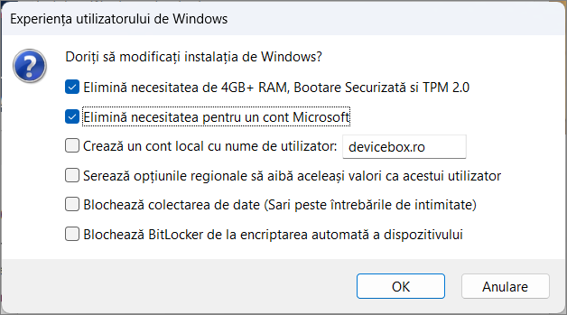 Optiuni pentru imaginea Windows 11 in Rufus