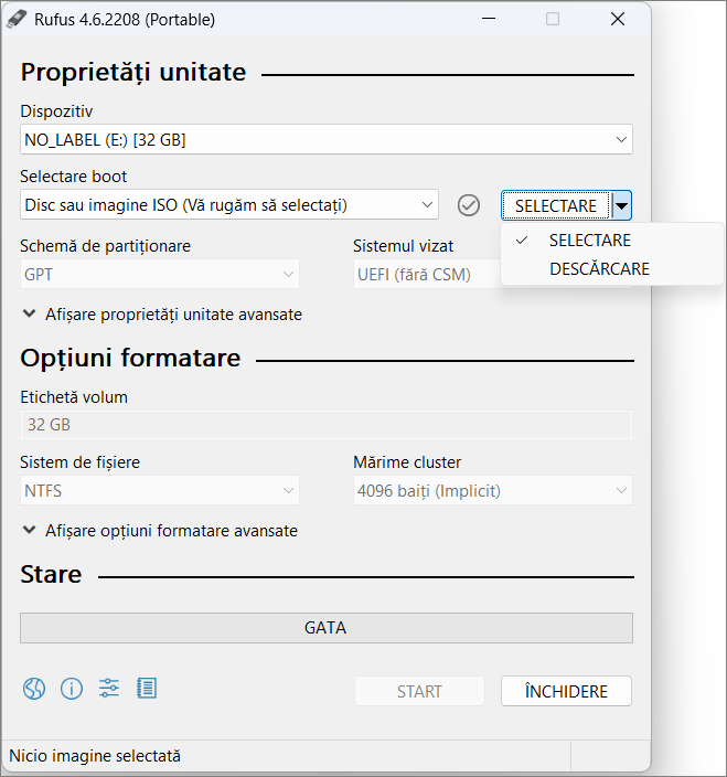 Selecteaza sau descarca imaginea in Rufus